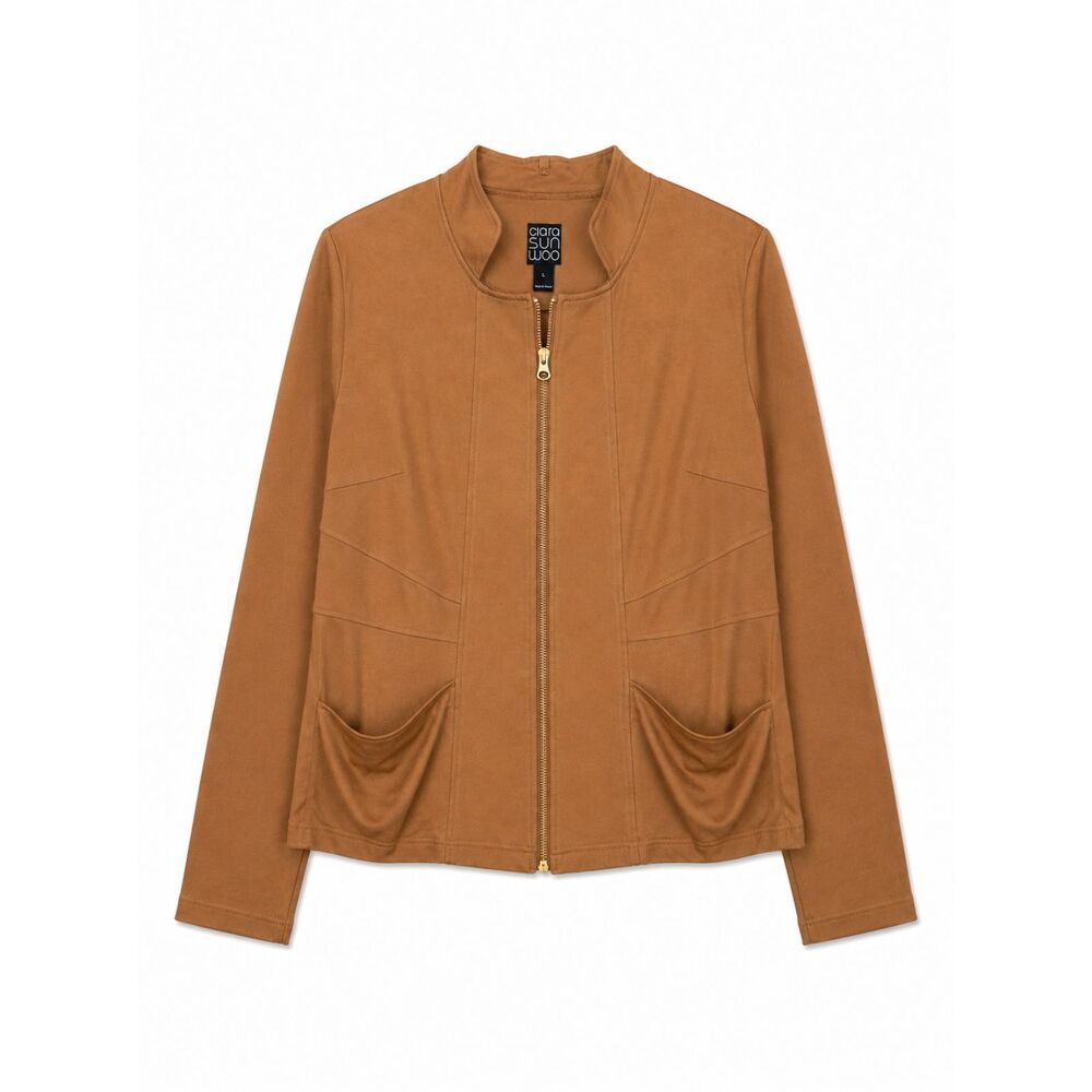 Clara Sun Woo Jacket Women Sz Large Brown Zip Front Stand Up Collar Faux Suede